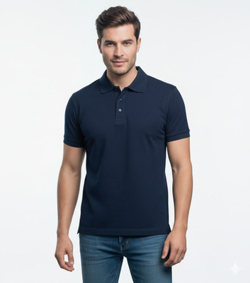 Achievement Wears Solid Men Polo Neck Navy Blue T-Shirt
