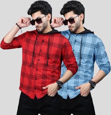 EyeBogler Checkered Men Hooded Neck Light Blue, Red T-Shirt