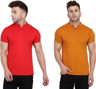 Lawful Casual Solid Men Mandarin Collar Red, Gold T-Shirt