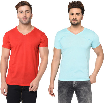 Moordale Fab Solid Men V Neck Light Blue, Red T-Shirt