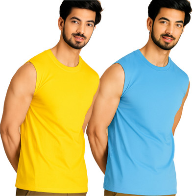 Moordale Solid Men Round Neck Yellow, Blue T-Shirt