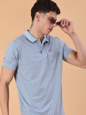 V-MART Self Design Men Polo Neck Blue T-Shirt