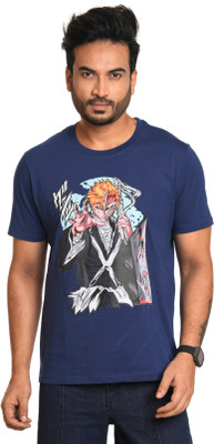 Mode Printed Men Round Neck Blue T-Shirt