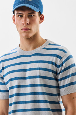 Snitch Striped Men Crew Neck Grey T-Shirt