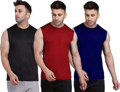 Renowned Solid Men Round Neck Black, Maroon, Dark Blue T-Shirt