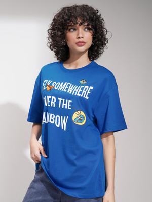 Tokyo Talkies Printed Women Round Neck Blue T-Shirt