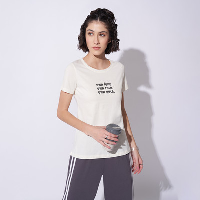 Ajile By Pantaloons Typography Women Round Neck White T-Shirt