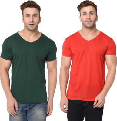 Tresna Trending Solid Men V Neck Dark Green, Red T-Shirt