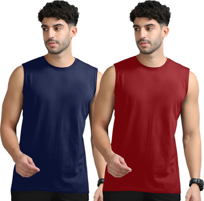 Adorbs Solid Men Round Neck Dark Blue, Maroon T-Shirt