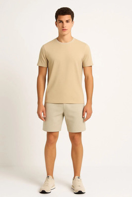 Trackbird Solid Men Round Neck Beige T-Shirt