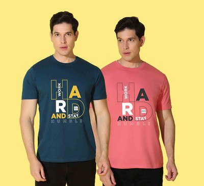 WOOSTRO Typography Men Round Neck Blue, Pink T-Shirt