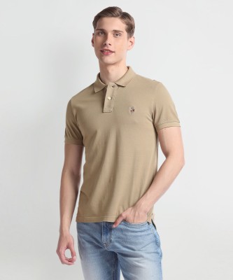 U.S. POLO ASSN. Solid Men Polo Neck Beige T-Shirt