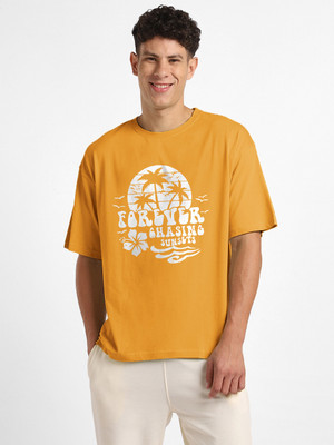 NOBERO Graphic Print Men Crew Neck Orange T-Shirt