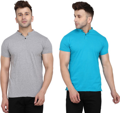tfurnish Solid Men Mandarin Collar Silver, Light Blue T-Shirt