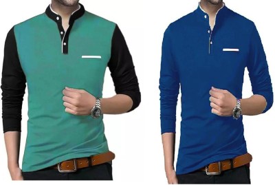 vescor Solid Men Mandarin Collar Light Green, Blue T-Shirt