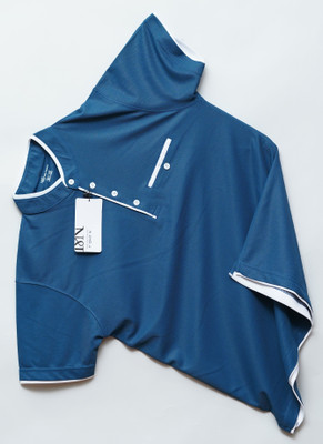 N AND J Solid Men Mandarin Collar Blue T-Shirt