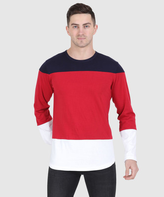 Styvibe Colorblock Men Round Neck White, Maroon, Blue T-Shirt