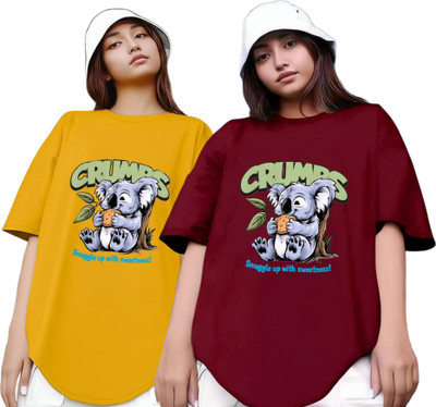 Xsware Printed Women Round Neck Yellow, Maroon T-Shirt