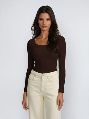 KOTTY Solid Women Scoop Neck Brown T-Shirt