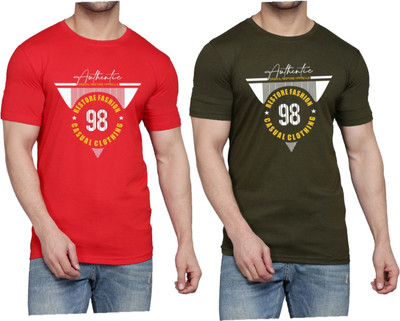 WOOSTRO Printed Men Round Neck Red, Dark Green T-Shirt