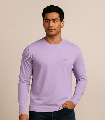 Fabc Solid Men Round Neck Purple T-Shirt