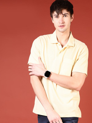 V-MART Solid Men Polo Neck Yellow T-Shirt