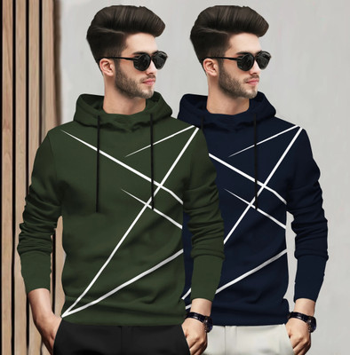 BLIVE Printed Men Hooded Neck Dark Green, Navy Blue T-Shirt