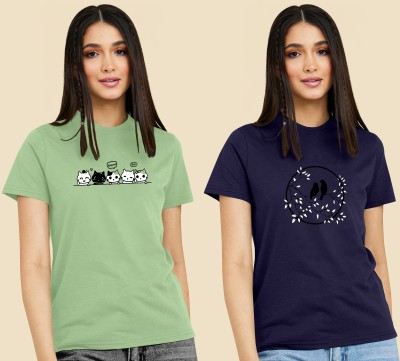 BelleBird Graphic Print Women Round Neck Green, Blue T-Shirt