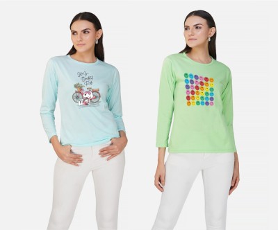 CHOZI Printed Women Round Neck Light Blue, Light Green T-Shirt