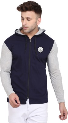 GEUM Colorblock Men Hooded Neck Dark Blue, Silver T-Shirt