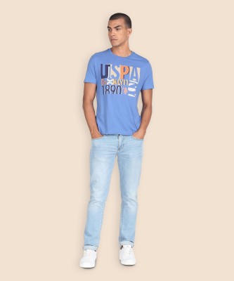 U.S. POLO ASSN. Typography Men Round Neck Blue T-Shirt