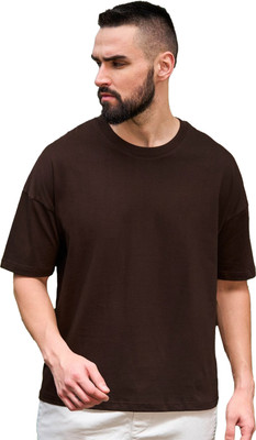 Leotude Solid Men Round Neck Brown T-Shirt