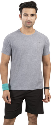 Six Abodes Solid Men Round Neck Grey T-Shirt