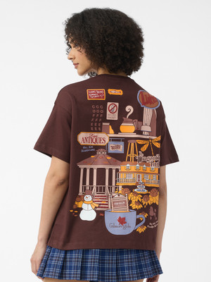 The Souled Store Printed Women Round Neck Brown T-Shirt