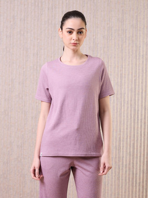 TECHNOSPORT Self Design Women Round Neck Purple T-Shirt