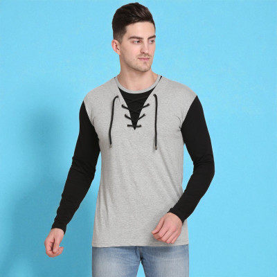 FARICON Colorblock Men Round Neck Grey T-Shirt