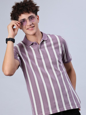 V-MART Striped Men Zip Neck Purple T-Shirt