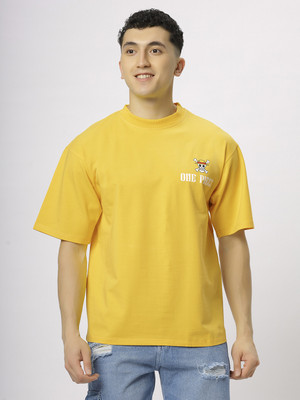 N AND J Printed Men Round Neck Yellow T-Shirt