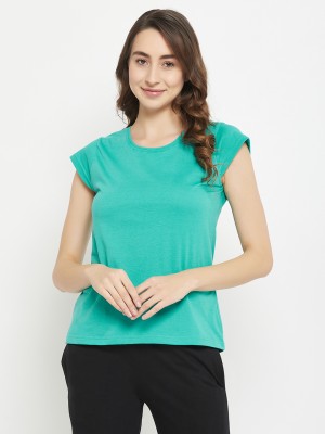 Clovia Solid Women Round Neck Green T-Shirt