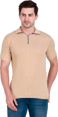 HOODLER Self Design Men Polo Neck Beige T-Shirt