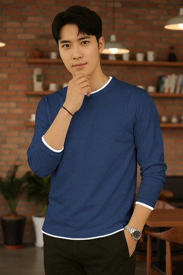 VCANEE Solid Men Round Neck Light Blue T-Shirt