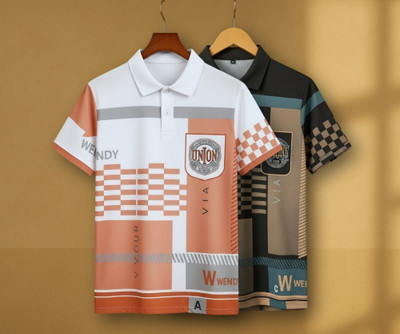 GEEZY Checkered Men Zip Neck Multicolor T-Shirt