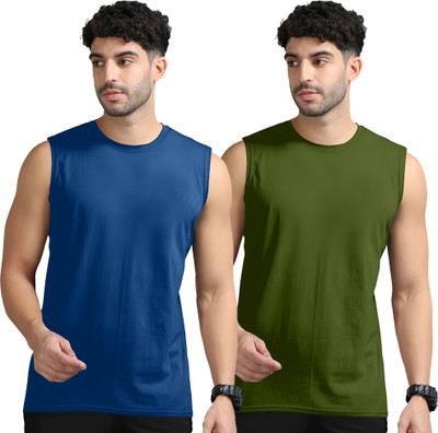 Adorbs Solid Men Round Neck Dark Blue, Dark Green T-Shirt