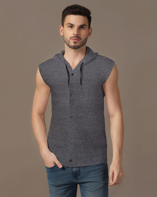 GEUM Solid Men Hooded Neck Grey T-Shirt