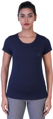 Laasa Sports Solid Women Round Neck Dark Blue T-Shirt