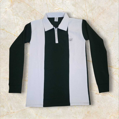 Anju Self Design Men Zip Neck Black, White T-Shirt