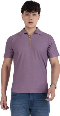 Kibitzer Solid Men Zip Neck Purple T-Shirt