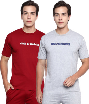 TWF Printed, Typography Men Round Neck Red, Grey T-Shirt