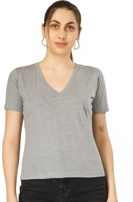 Clothza Solid Women V Neck Grey T-Shirt