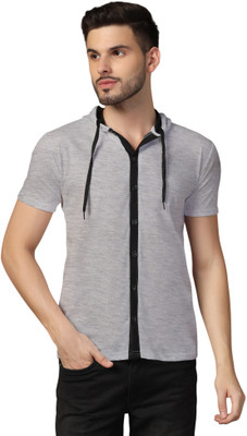 GEUM Solid Men Hooded Neck Silver T-Shirt